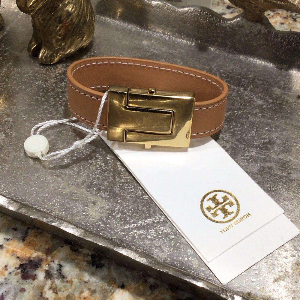 NEW RARE Tory Burch Brown Leather Gold Buckle Bracelet